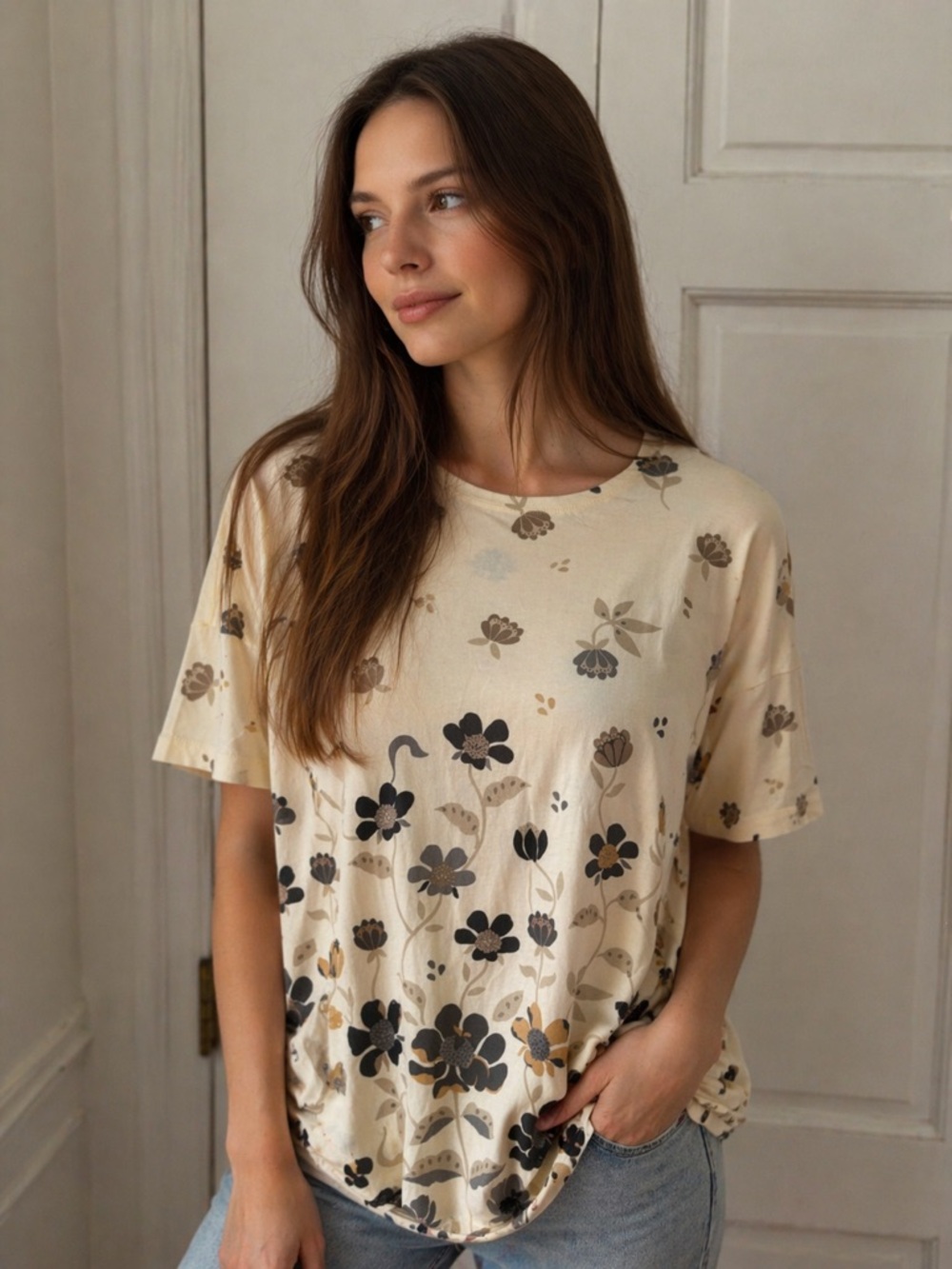 Gudrun Sjoden Floral Relaxed T-Shirt Tunic Cream Gray Black Tan, Size Large (L
